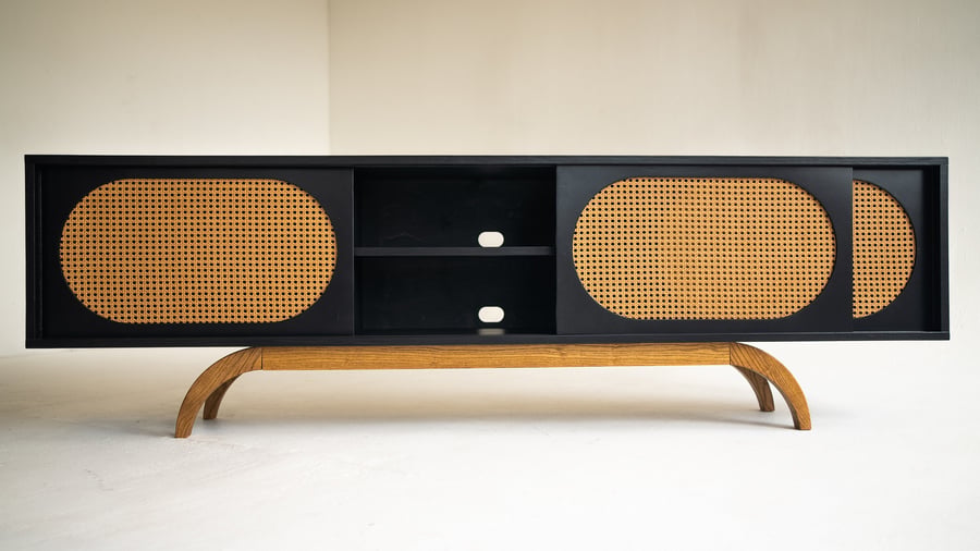 Sunset Mid Century Modern Black Media TV Console Record Player Stand