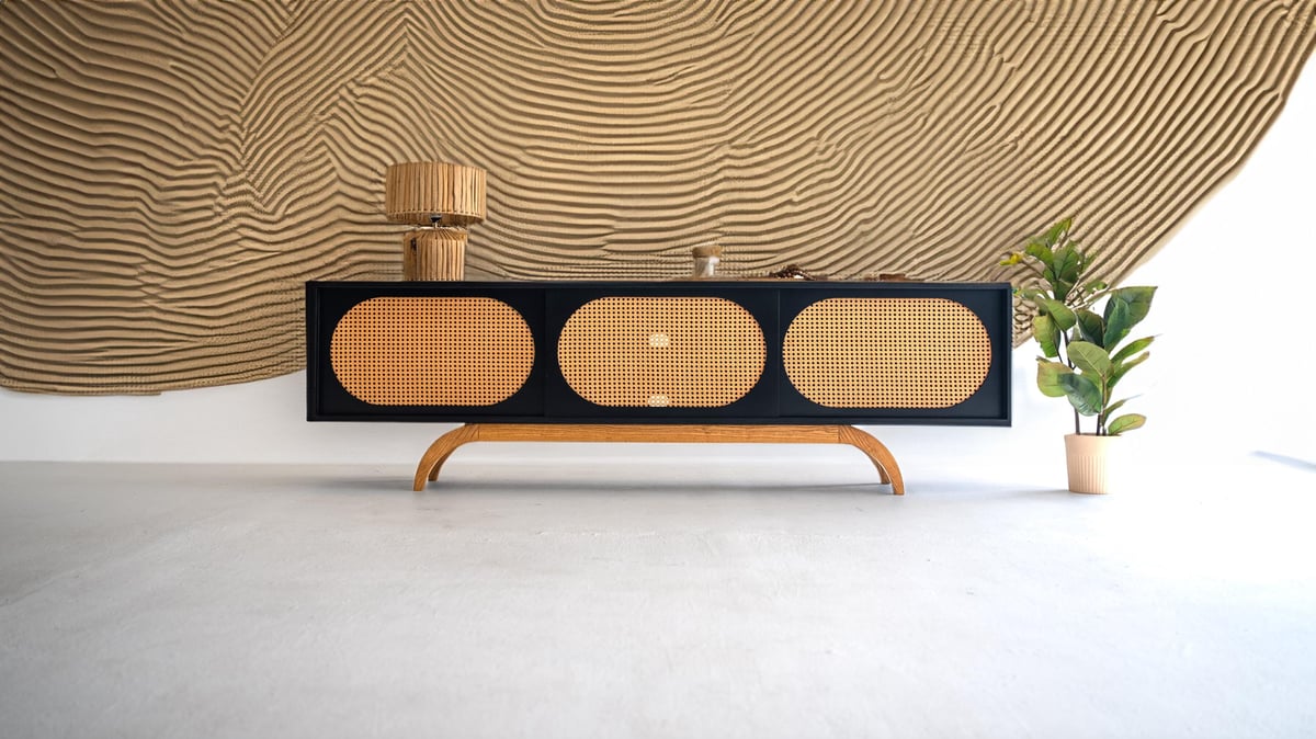 Sunset Mid Century Modern Black Media TV Console Record Player Stand